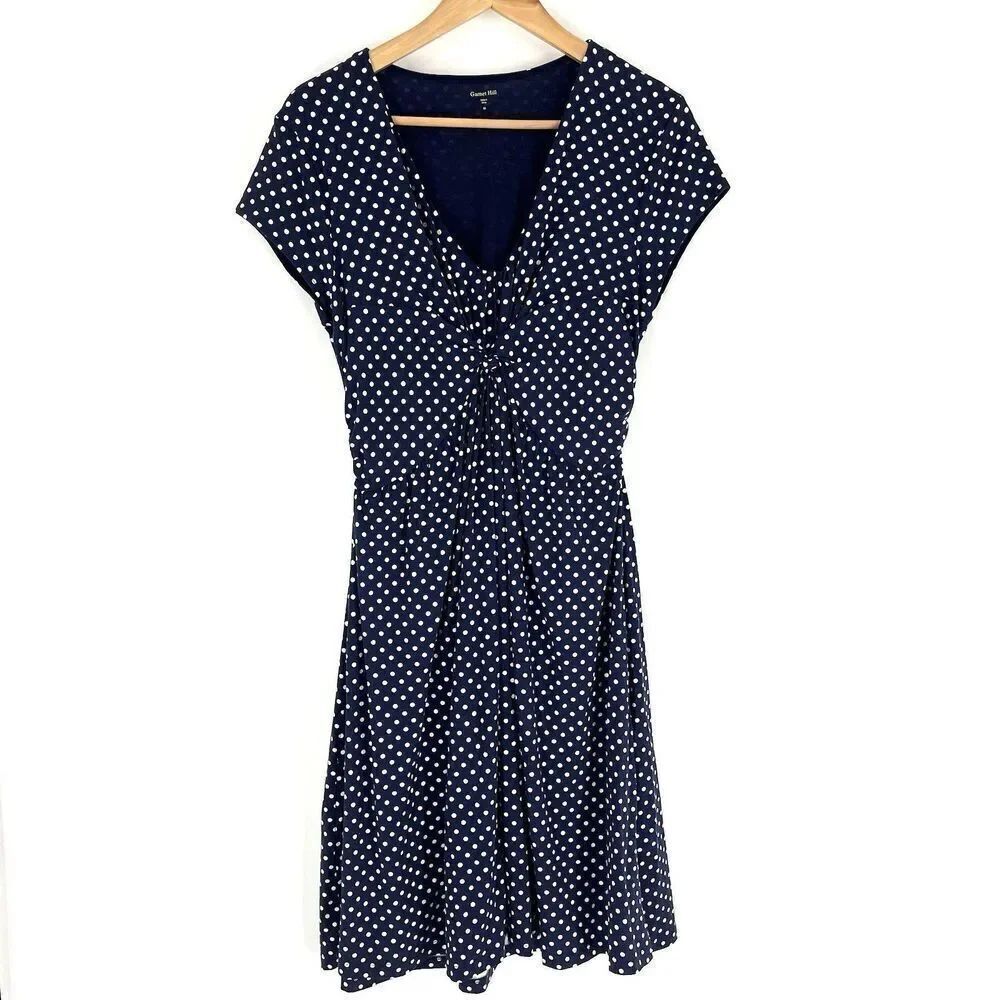 Garnet Hill Dress Size 8 Womens Navy Polka Dot Garden Party Knit Twist Front